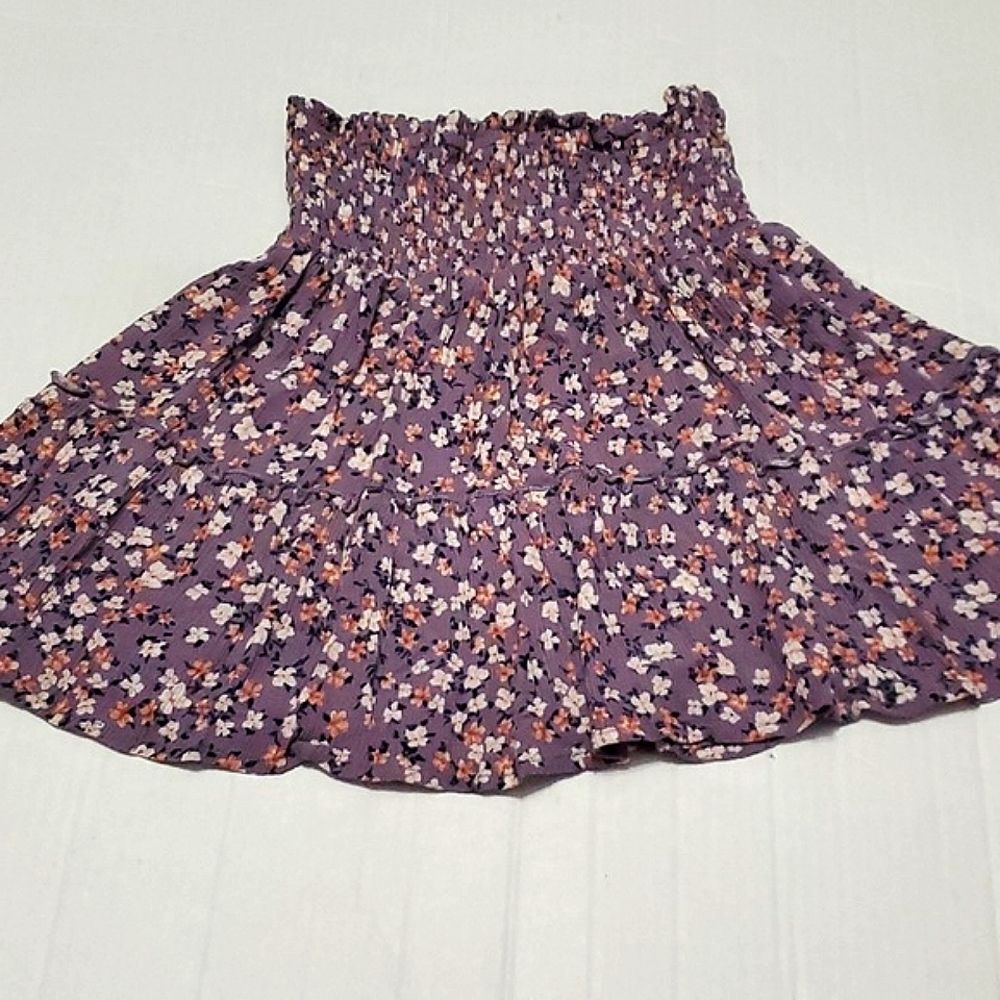 Hippie Rose Boho Prairie Lilac Ditsy Floral Ruffled Smocking Mini Skirt S
